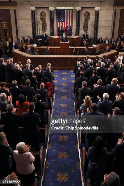 French President Emmanuel Macron addresses a joint meeting of the U.S. Congress in the House Chamber at the U.S. Capitol April 25, 2018 in...