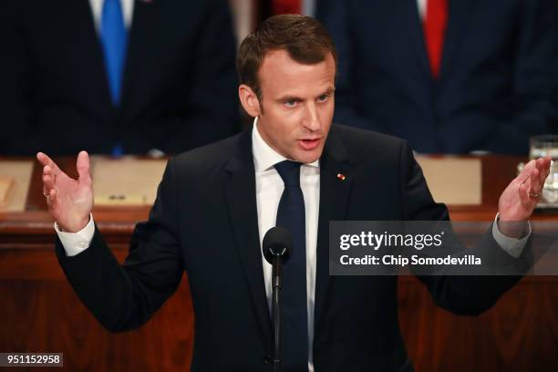 French President Emmanuel Macron addresses a joint meeting of the U.S. Congress in the House Chamber at the U.S. Capitol April 25, 2018 in...