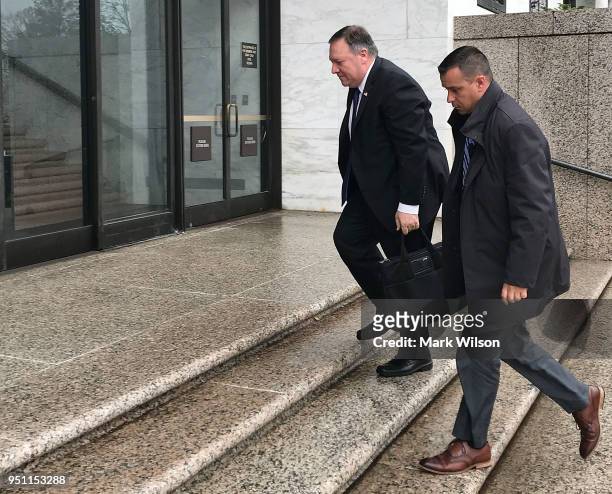 Director Mike Pompeo arrives at the Hart Senate Office Building on Capitol Hill on April 25, 2018 in Washington, DC. President Trump has nominated...