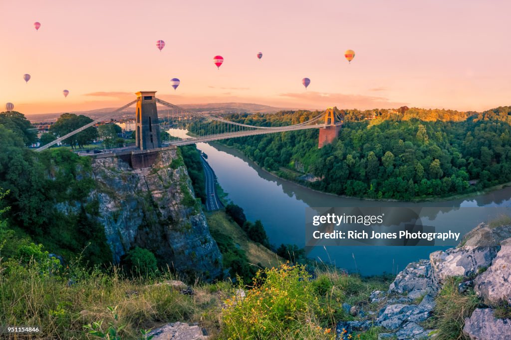 Hot Air Balloons over Clifton Suspension Bridge at Sunrise