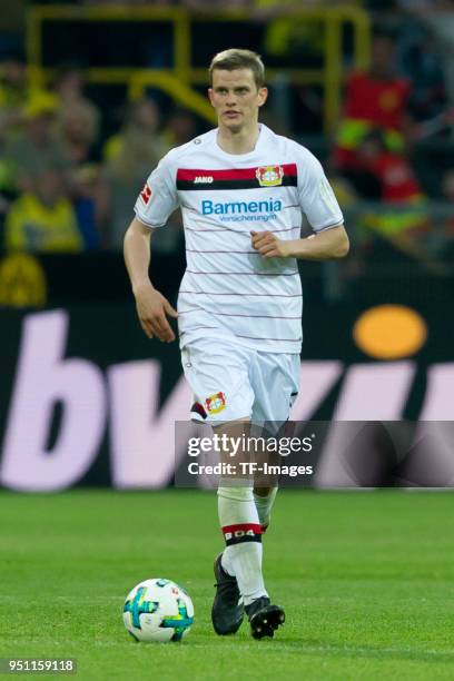 Sven Bender of Leverkusen controls the ball during the Bundesliga match between Borussia Dortmund and Bayer 04 Leverkusen at Signal Iduna Park on...