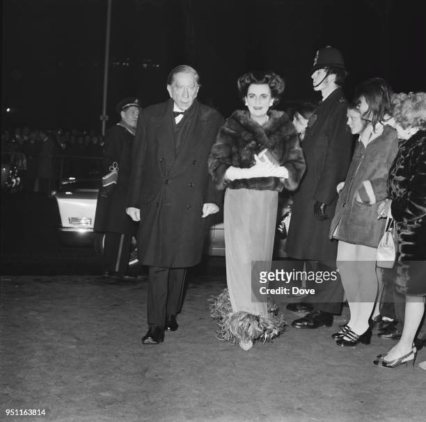 British socialite Margaret Campbell, Duchess of Argyll and American-British industrialist Jean Paul Getty arrive at the premiere of epic romantic...