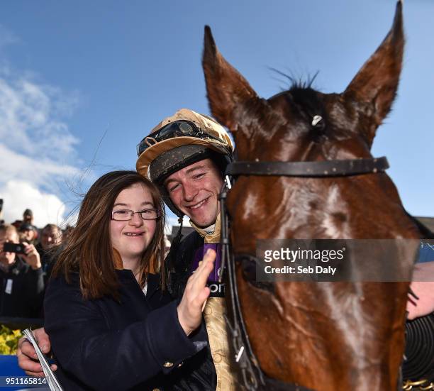 Naas , Ireland - 25 April 2018; Jockey David Mullins with his sister Kimmy after winning the Coral Punchestown Gold Cup on Bellshill at Punchestown...