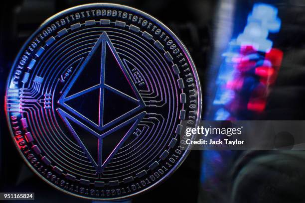 In this photo illustration of the ethereum cryptocurrency 'altcoin' sits arranged for a photograph on April 25, 2018 in London, England....