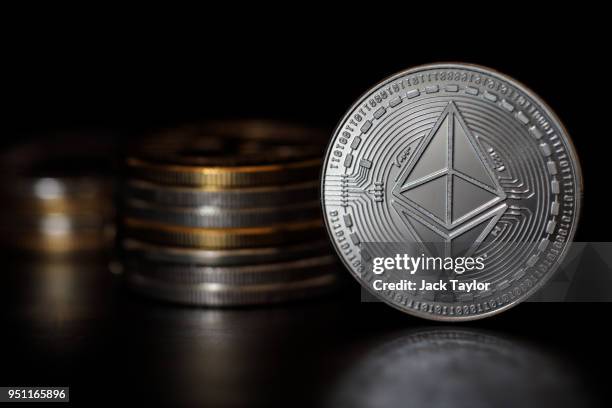 In this photo illustration of the ethereum cryptocurrency 'altcoin' sits arranged for a photograph on April 25, 2018 in London, England....