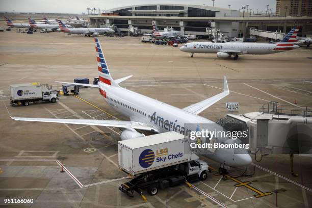 Sky Chefs LLC catering is loaded onto an American Airlines Group Inc. Plane at Dallas-Fort Worth International Airport in Grapevine, Texas, U.S., on...