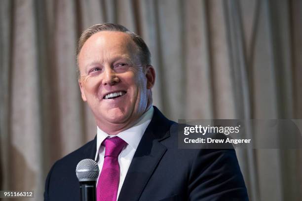 Former White House Press Secretary Sean Spicer answers a few questions from the press at Madame Tussauds wax museum, April 25, 2018 in New York City....