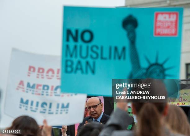 Gold Star father Khizr Khan speaks to activists as they rally against the Muslim Ban on the day the Supreme Court hears arguments in Hawaii v. Trump...