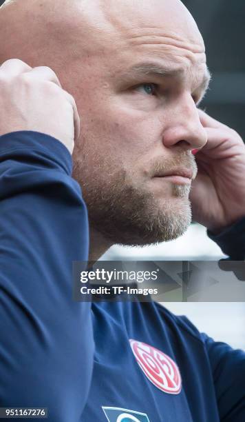 Rouven Schroeder of Mainz looks on during the Bundesliga match between FC Augsburg and 1. FSV Mainz 05 at WWK-Arena on April 22, 2018 in Augsburg,...