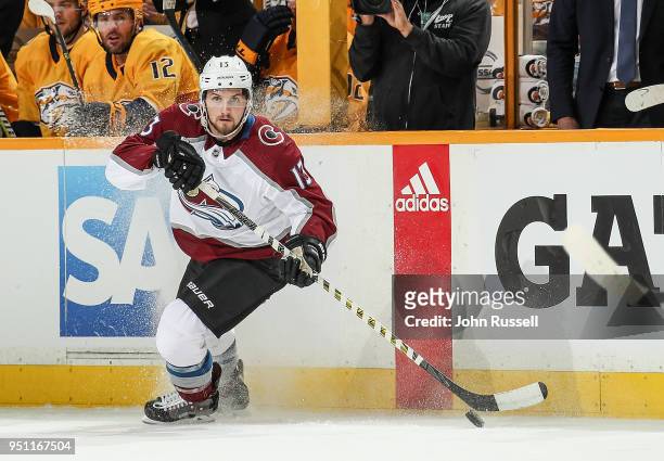 Alexander Kerfoot of the Colorado Avalanche skates against the Nashville Predators in Game Five of the Western Conference First Round during the 2018...