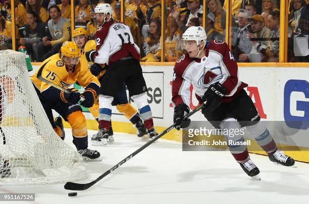 Tyson Barrie of the Colorado Avalanche skates against the Nashville Predators in Game Five of the Western Conference First Round during the 2018 NHL...