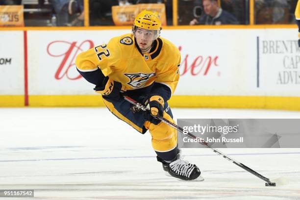 Kevin Fiala of the Nashville Predators skates against the Colorado Avalanche in Game Five of the Western Conference First Round during the 2018 NHL...