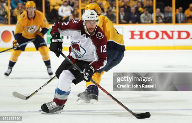 Patrik Nemeth of the Colorado Avalanche skates against the Nashville Predators in Game Five of the Western Conference First Round during the 2018 NHL...