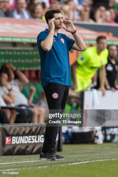 Head coach Sandro Schwarz of Mainz looks on during the Bundesliga match between FC Augsburg and 1. FSV Mainz 05 at WWK-Arena on April 22, 2018 in...