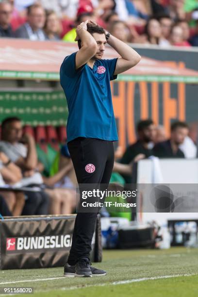 Head coach Sandro Schwarz of Mainz looks on during the Bundesliga match between FC Augsburg and 1. FSV Mainz 05 at WWK-Arena on April 22, 2018 in...