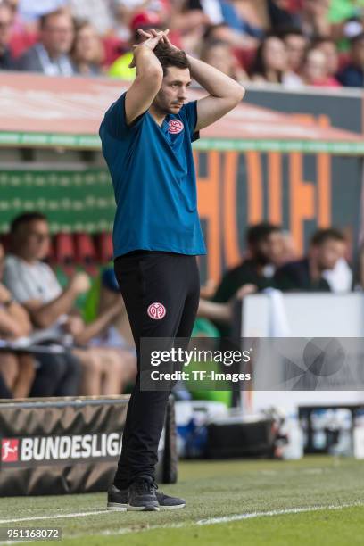 Head coach Sandro Schwarz of Mainz looks on during the Bundesliga match between FC Augsburg and 1. FSV Mainz 05 at WWK-Arena on April 22, 2018 in...