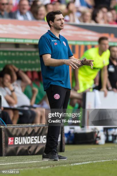 Head coach Sandro Schwarz of Mainz looks on during the Bundesliga match between FC Augsburg and 1. FSV Mainz 05 at WWK-Arena on April 22, 2018 in...