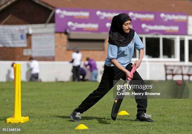 Young cricketer takes part in a training exercise during the NatWest CricketForce event at Ilford Cricket Ground on March 23, 2018 in Ilford, England.