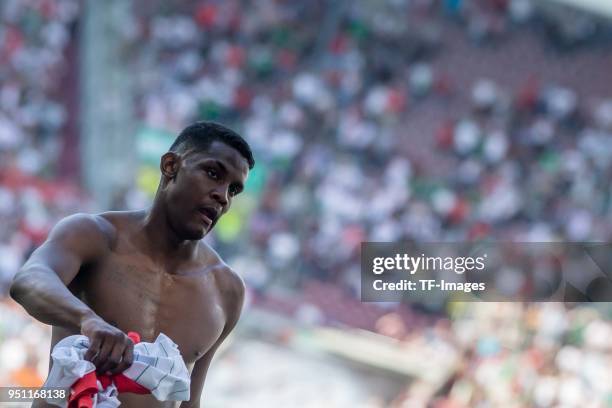 Sergio Duvan Cordova Lezama of Augsburg gestures during the Bundesliga match between FC Augsburg and 1. FSV Mainz 05 at WWK-Arena on April 22, 2018...