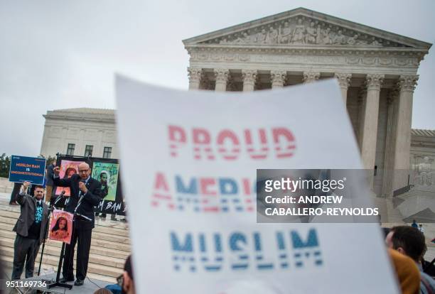 Gold Star father Khizr Khan speaks to activists as they rally against the Muslim Ban on the day the Supreme Court hears arguments in Hawaii v. Trump...