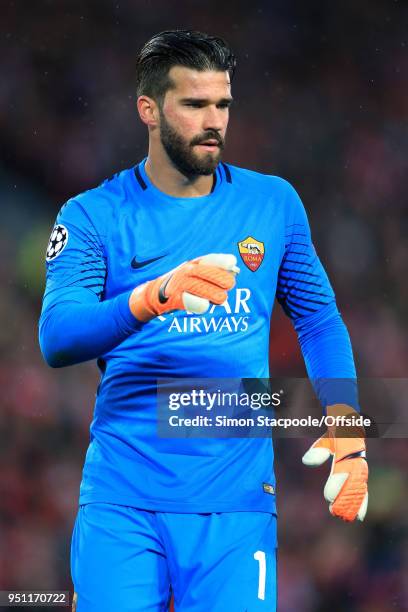 Roma goalkeeper Alisson Becker looks on during the UEFA Champions League Semi Final First Leg match between Liverpool and A.S. Roma at Anfield on...