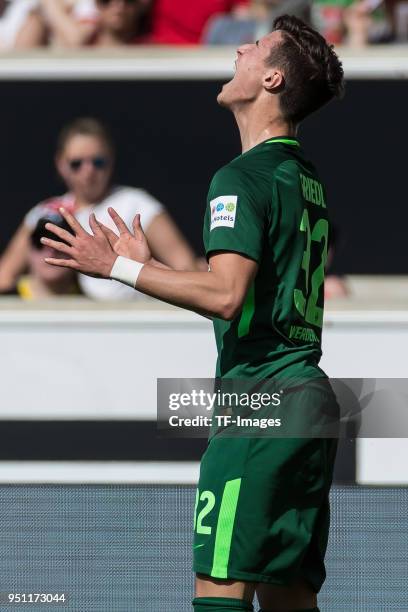 Marco Friedl of Bremen gestures during the Bundesliga match between VfB Stuttgart and SV Werder Bremen at Mercedes-Benz Arena on April 21, 2018 in...