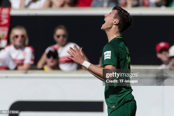 Marco Friedl of Bremen gestures during the Bundesliga match between VfB Stuttgart and SV Werder Bremen at Mercedes-Benz Arena on April 21, 2018 in...