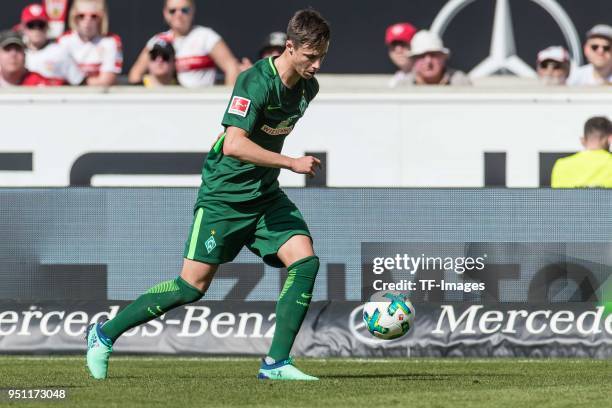 Marco Friedl of Bremen controls the ball during the Bundesliga match between VfB Stuttgart and SV Werder Bremen at Mercedes-Benz Arena on April 21,...