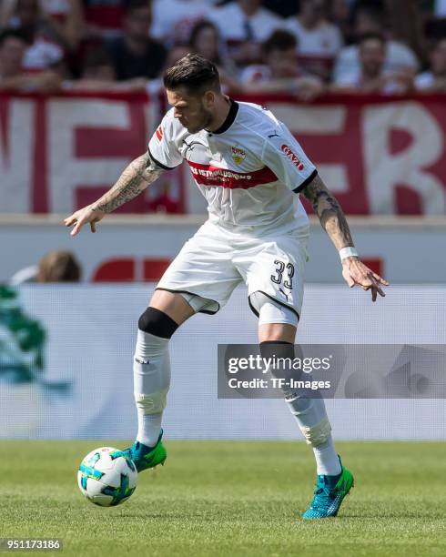 Daniel Ginczek of Stuttgart controls the ball during the Bundesliga match between VfB Stuttgart and SV Werder Bremen at Mercedes-Benz Arena on April...