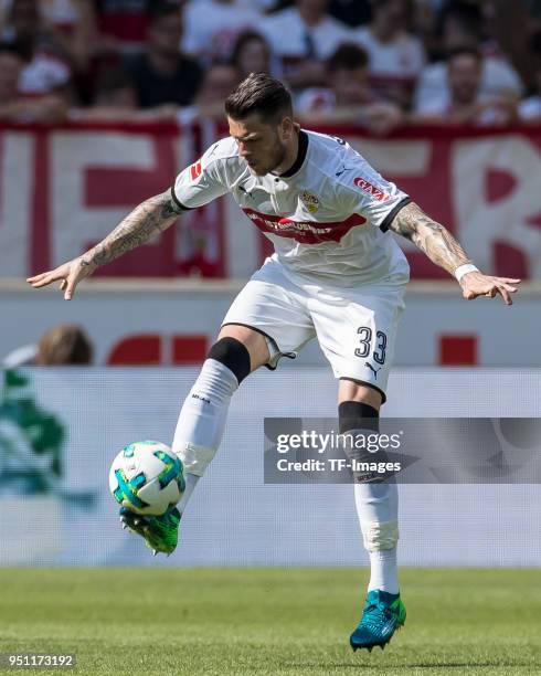 Daniel Ginczek of Stuttgart controls the ball during the Bundesliga match between VfB Stuttgart and SV Werder Bremen at Mercedes-Benz Arena on April...