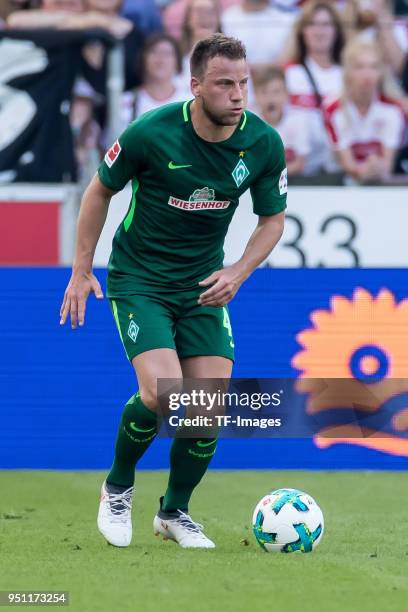 Philipp Bargfrede of Bremen controls the ball during the Bundesliga match between VfB Stuttgart and SV Werder Bremen at Mercedes-Benz Arena on April...