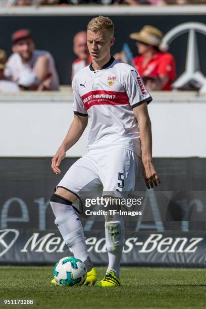 Timo Baumgartl of Stuttgart controls the ball during the Bundesliga match between VfB Stuttgart and SV Werder Bremen at Mercedes-Benz Arena on April...