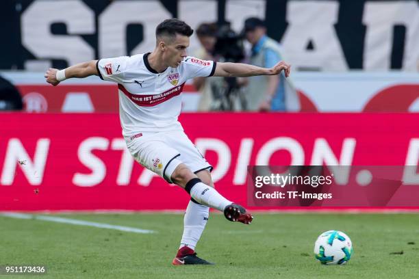 Erik Thommy of Stuttgart controls the ball during the Bundesliga match between VfB Stuttgart and SV Werder Bremen at Mercedes-Benz Arena on April 21,...