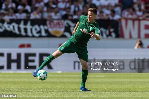 Niklas Moisander of Bremen controls the ball during the Bundesliga match between VfB Stuttgart and SV Werder Bremen at Mercedes-Benz Arena on April...