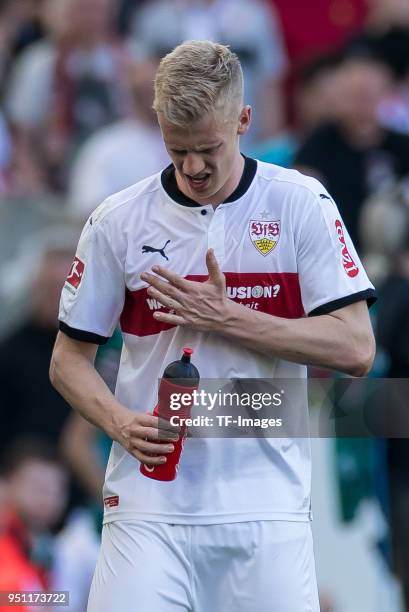 Timo Baumgartl of Stuttgart looks on during the Bundesliga match between VfB Stuttgart and SV Werder Bremen at Mercedes-Benz Arena on April 21, 2018...