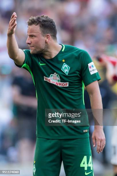 Philipp Bargfrede of Bremen gestures during the Bundesliga match between VfB Stuttgart and SV Werder Bremen at Mercedes-Benz Arena on April 21, 2018...
