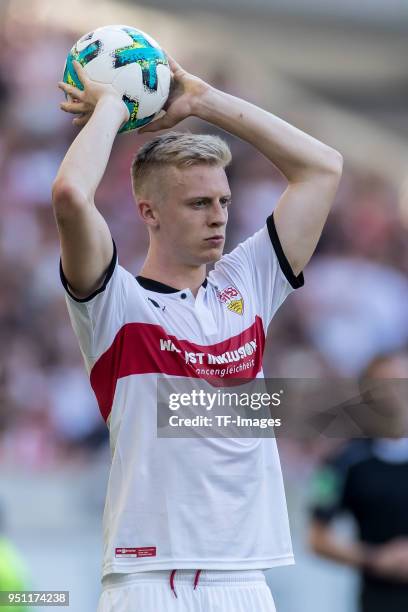 Timo Baumgartl of Stuttgart looks on during the Bundesliga match between VfB Stuttgart and SV Werder Bremen at Mercedes-Benz Arena on April 21, 2018...