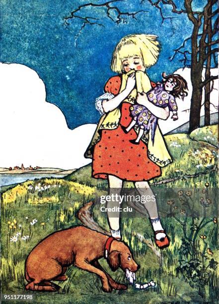 girl with a doll in her arm playing with her dog in the meadow - sad dog cartoon stock illustrations