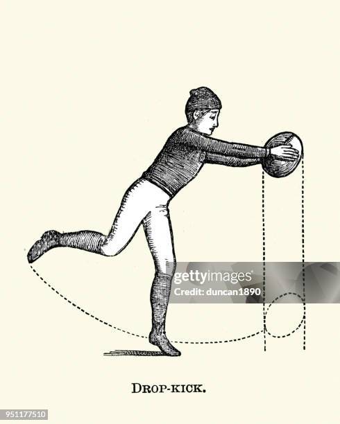 illustrations, cliparts, dessins animés et icônes de victorien sport, rugby, chute de botter le ballon - passe rugby