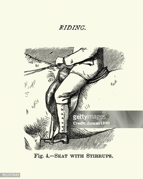 viktorianische sport, reiten, sitzfläche mit steigbügeln, 19. jahrhundert - steigbügel stock-grafiken, -clipart, -cartoons und -symbole