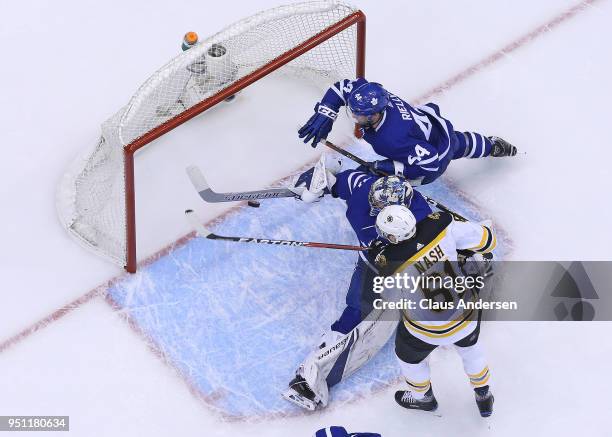 Frederik Andersen of the Toronto Maple Leafs makes a huge save on Rick Nash of the Boston Bruins in Game Six of the Eastern Conference First Round in...