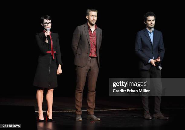 Actors Claire Foy, Ryan Gosling and director Damien Chazelle speak onstage during CinemaCon 2018 Universal Pictures Invites You to a Special...