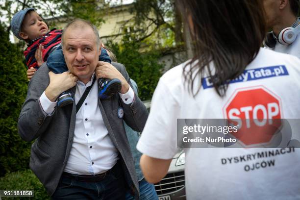 Several dozen protestors are seen outside the Ministry of Justice in Warsaw, Poland on April 25, 2018. Mostly men and several women are protesting...