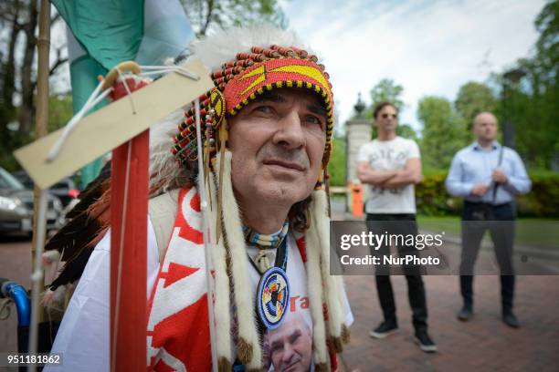 Several dozen protestors are seen outside the Ministry of Justice in Warsaw, Poland on April 25, 2018. Mostly men and several women are protesting...