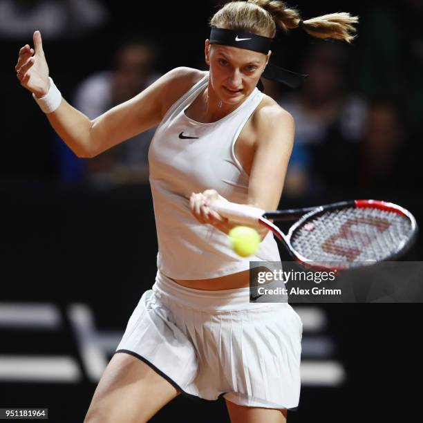 Petra Kvitova of Czech Republic plays a forehand to Angelique Kerber of Germany during day 3 of the Porsche Tennis Grand Prix at Porsche-Arena on...