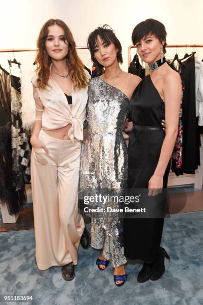 Frankie Herbert, Betty Bachz and Eliza Cummings attend the House Of Osman launch party on April 25, 2018 in London, England.