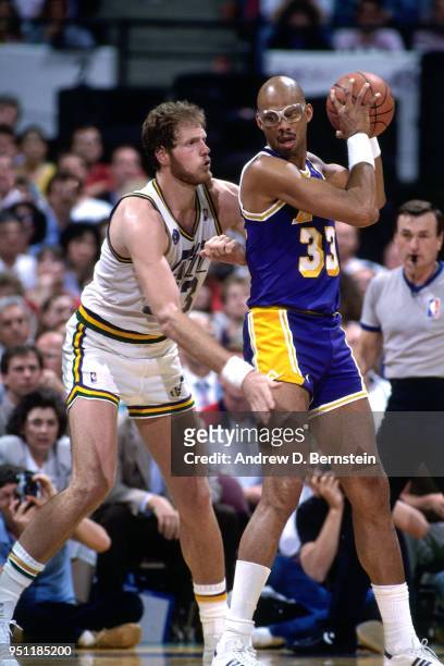 Kareem Abdul-Jabbar of the Los Angeles Lakers handles the balll against the Utah Jazz on December 26, 1987 at the Salt Palace in Salt Lake City,...