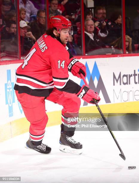 Justin Williams of the Carolina Hurricanes sets up a play during an NHL game on March 26, 2016 at PNC Arena in Raleigh, North Carolina.