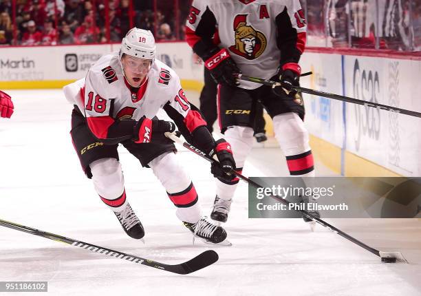 Ryan Dzingel of the Ottawa Senators looks to pass the puck during an NHL game on March 26, 2016 at PNC Arena in Raleigh, North Carolina.