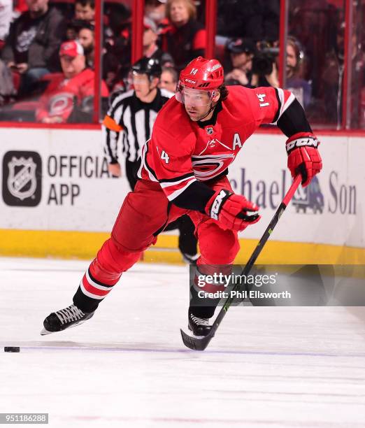 Justin Williams of the Carolina Hurricanes rushes to the puck during an NHL game on March 26, 2016 at PNC Arena in Raleigh, North Carolina.